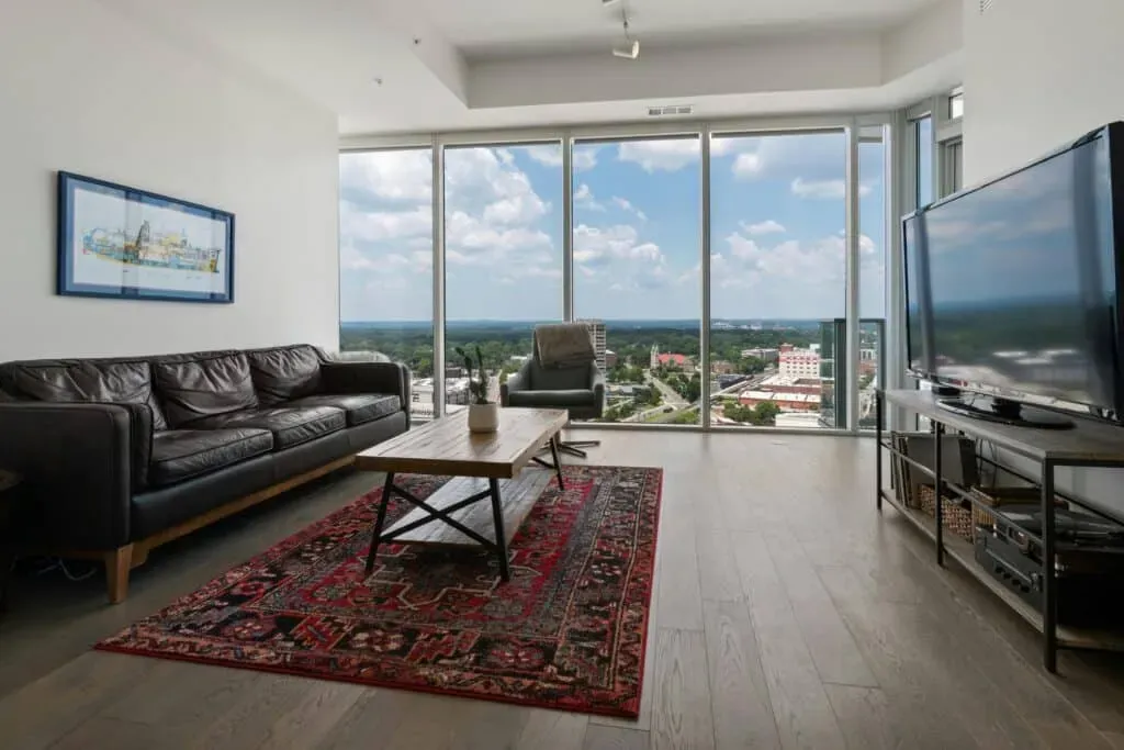 Living room in an apartment in dc with new vinyl plank flooring.
